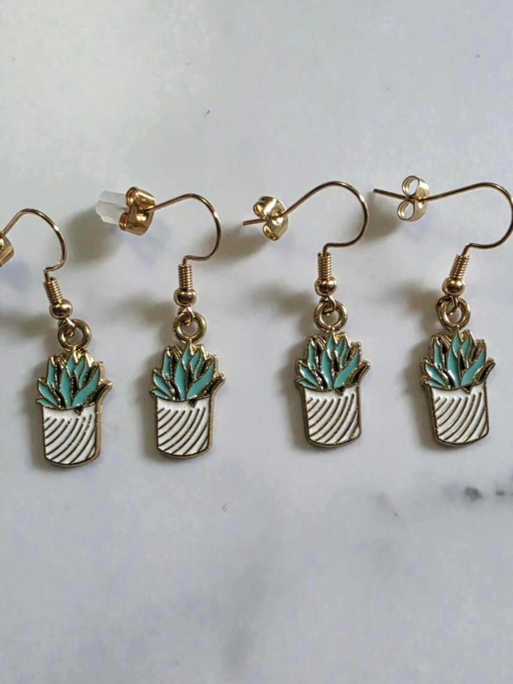 Gold-Tone Succulent Drop Earrings with White Pots and Green Leaves